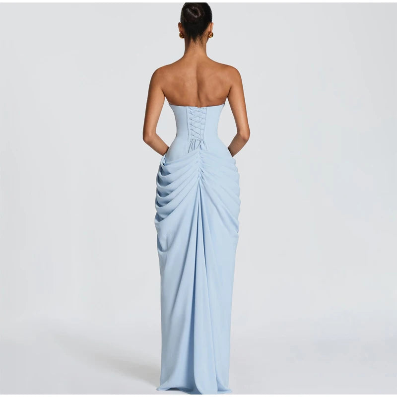 Butter Yellow Mesh Splicing Long Dress Elegant Strapless Split Backless Pleated Gowns For Women 2026 Lady Evening Party Gowns