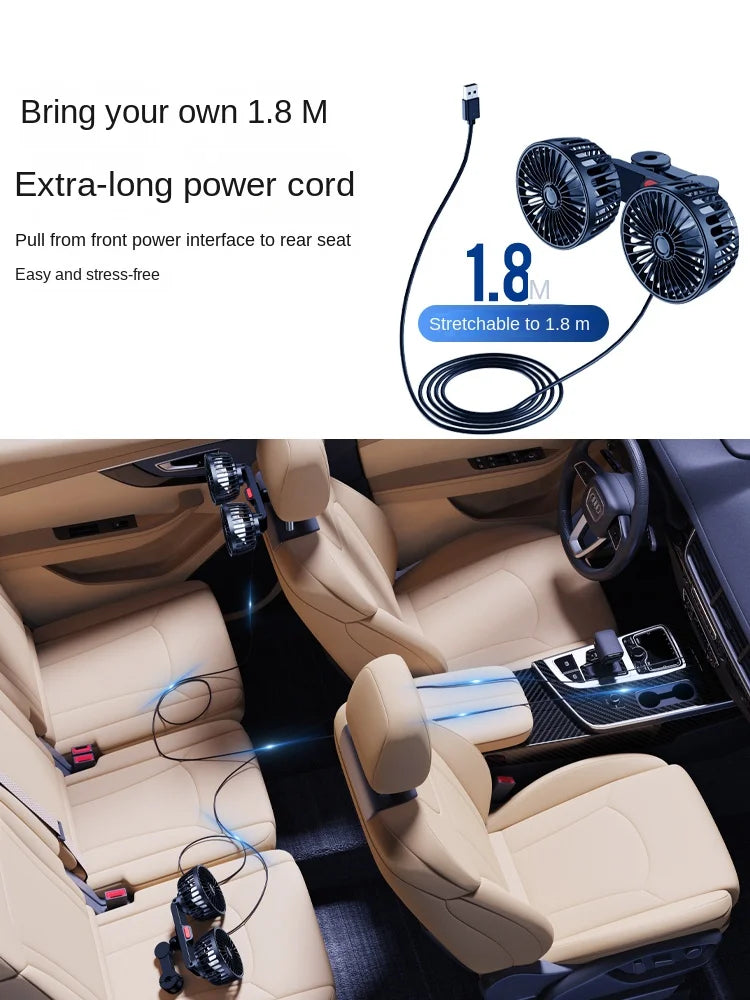 Car mounted rear electric fan with USB interface for car use, 12V 24V, large truck interior, rear seats, silent and powerful