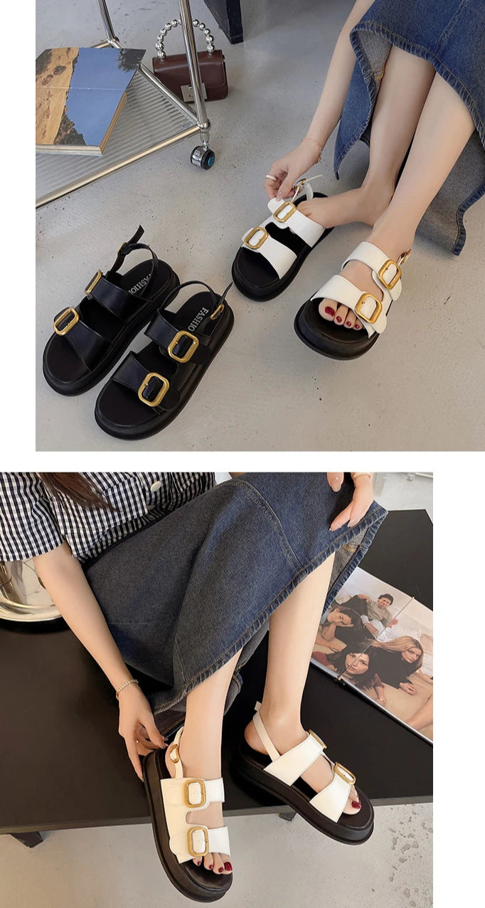 Gladiator Platform Sandals, 2025 Summer Metal Buckle Flat Sandals
