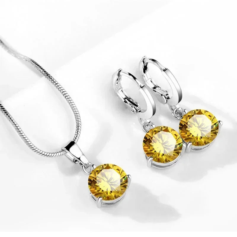 Classic Wedding Jewelry Set For Women Multicolor Zircon Silver Color Earrings Necklace Fashion Gift Jewellery