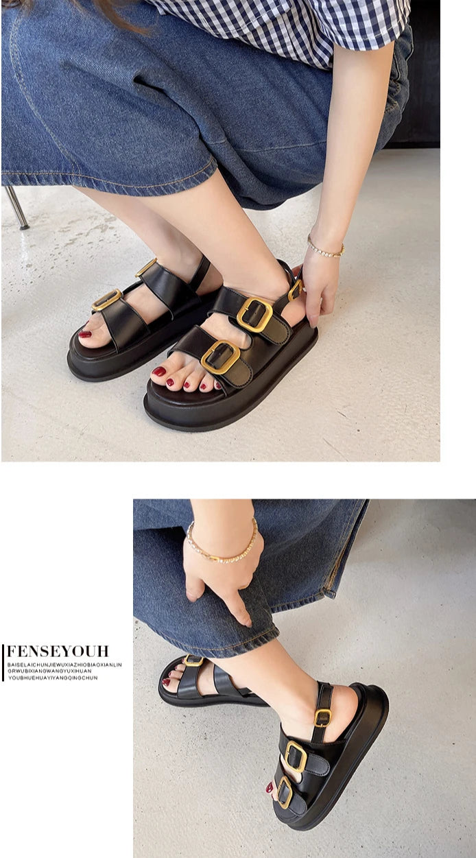 Gladiator Platform Sandals, 2025 Summer Metal Buckle Flat Sandals