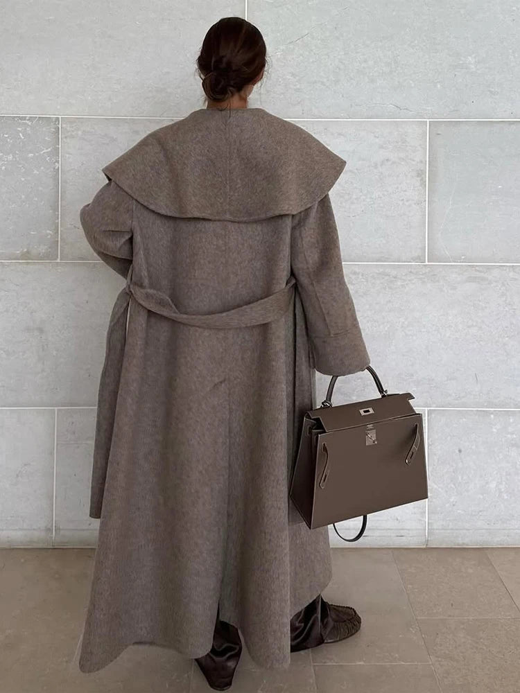 Navy Collar Lace Up Woolen Long Coat Women Elegant V-neck Full Sleeves Pockets Loose Overcoat 2026 Spring Lady Daily Street Wear