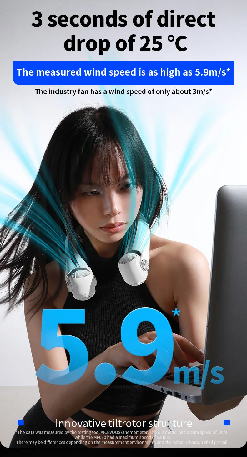USB Rechargeable Rotor Neck Hanging Portable Fan Adjustable Bladeless Turbo Cooling for Dorm Home Outdoor Use