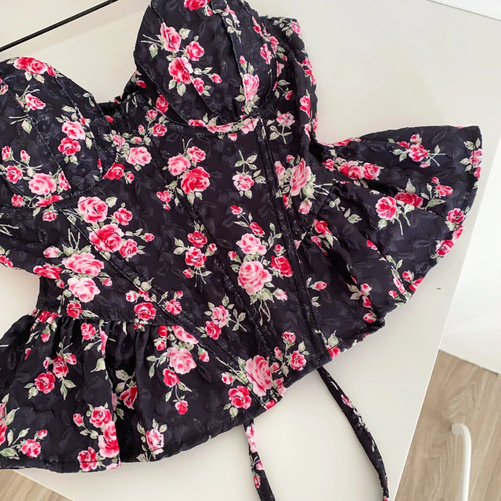 Sexy Slim  Corset ruffle print Chic Korean Camis Tank Top Basic Fashion Off Shoulder Summer Women Clothing