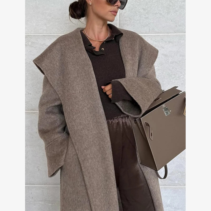 Navy Collar Lace Up Woolen Long Coat Women Elegant V-neck Full Sleeves Pockets Loose Overcoat 2026 Spring Lady Daily Street Wear