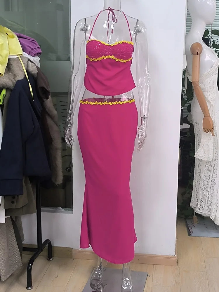 Chic Solid Color Matching Set Sequin Trim Cami Top Shinning Gold Trim Slim Fit Skirt Sexy Summer Vacation Party Club Outfit New