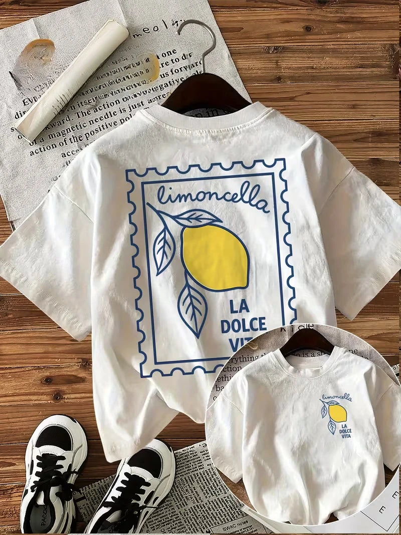 Lady's T-shirt,Bright lemon Graphic Print T-shirt, Short Sleeve Crew Neck Casual Top for Summer & Spring, Women's Clothing