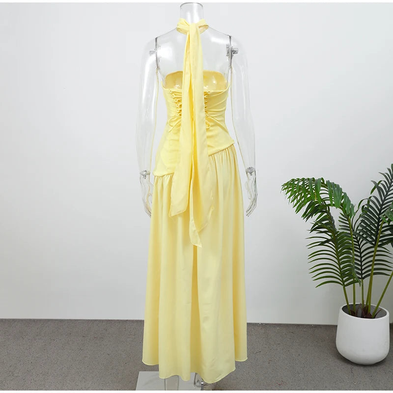 Butter Yellow Mesh Splicing Long Dress Elegant Strapless Split Backless Pleated Gowns For Women 2026 Lady Evening Party Gowns