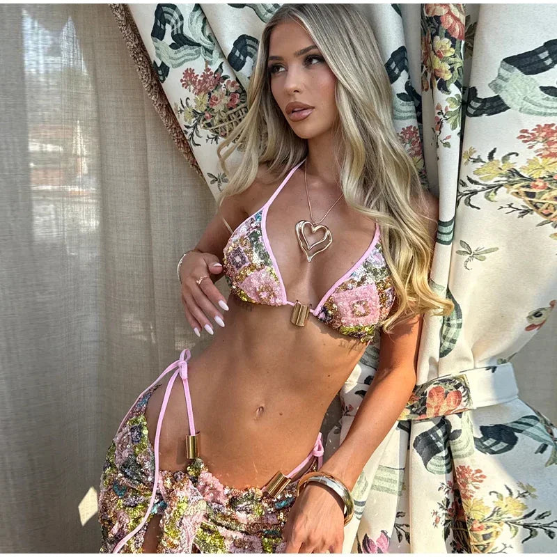 Sexy Sequin Bikini Skirt Sets Women Fashion Holiday Lace Up Top Ribbon Mini Skirts Female 2025 Summer Beach Lace Up Suits Lady