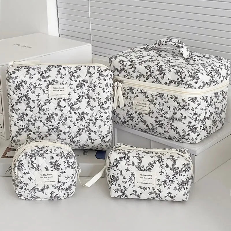 4pcs Retro Black White Floral Cosmetic Bag Large Capacity Portable Travel Toiletry Storage Bag