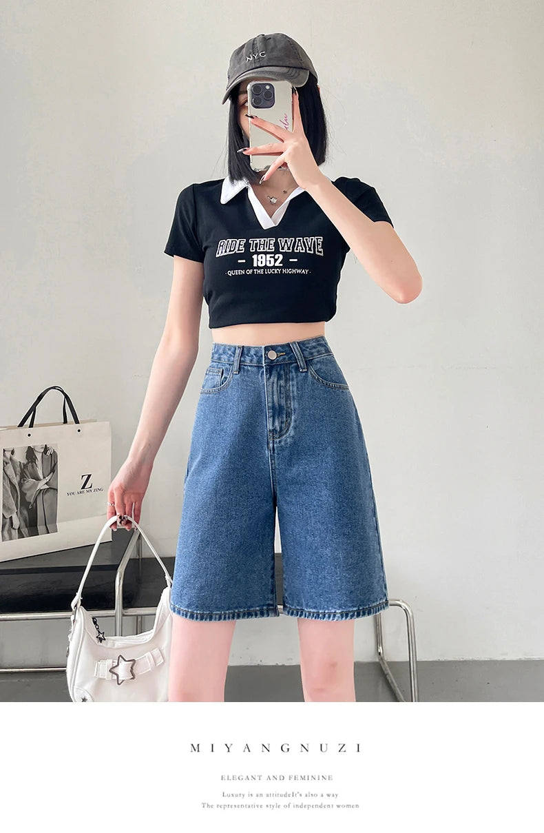 2024 Summer New Women Shorts Jeans Baggy Straight Vintage Streetwear Jeans Shorts Women Clothing Blue Black  Y2K