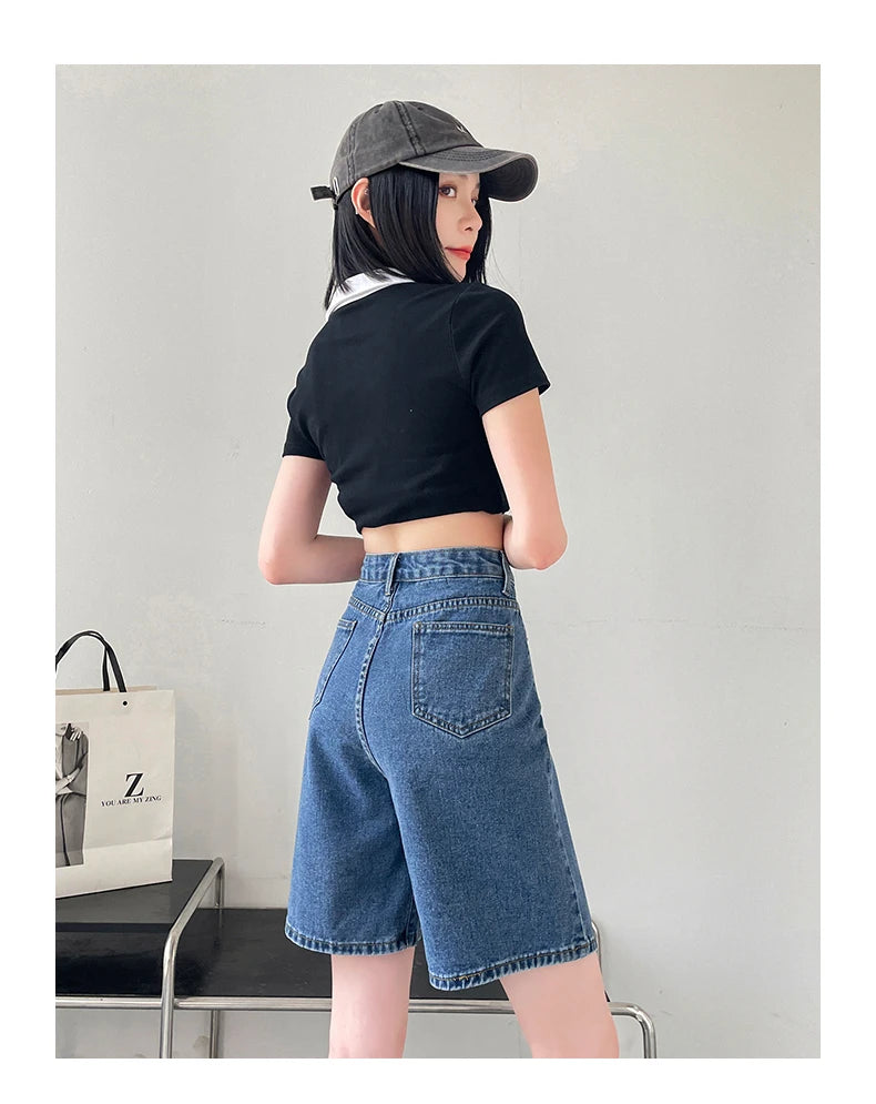 2024 Summer New Women Shorts Jeans Baggy Straight Vintage Streetwear Jeans Shorts Women Clothing Blue Black  Y2K