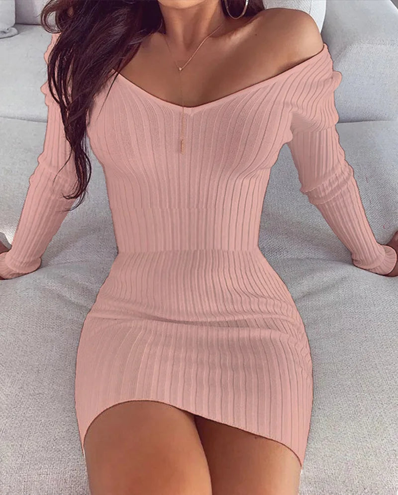 Women Summer Dress 2025 New Sexy Elegant Solid V-neck form-fitting Vertical Striped long-sleeved Dress Vestidoes Cheap Clothing