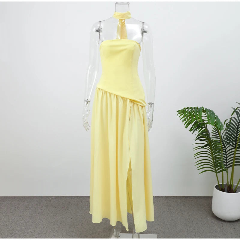 Butter Yellow Mesh Splicing Long Dress Elegant Strapless Split Backless Pleated Gowns For Women 2026 Lady Evening Party Gowns