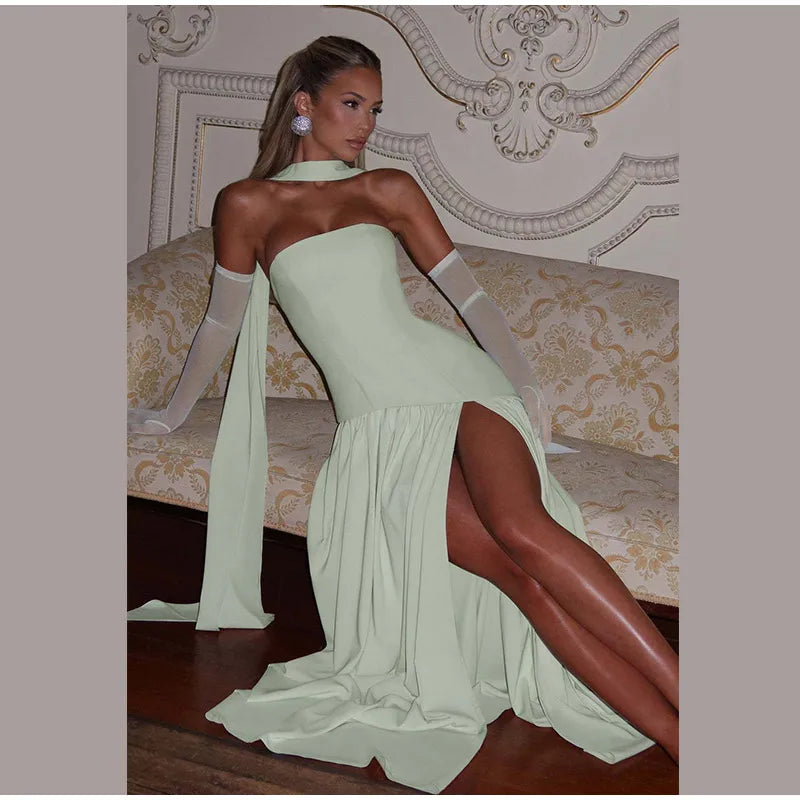 Butter Yellow Mesh Splicing Long Dress Elegant Strapless Split Backless Pleated Gowns For Women 2026 Lady Evening Party Gowns
