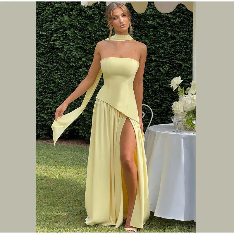 Butter Yellow Mesh Splicing Long Dress Elegant Strapless Split Backless Pleated Gowns For Women 2026 Lady Evening Party Gowns