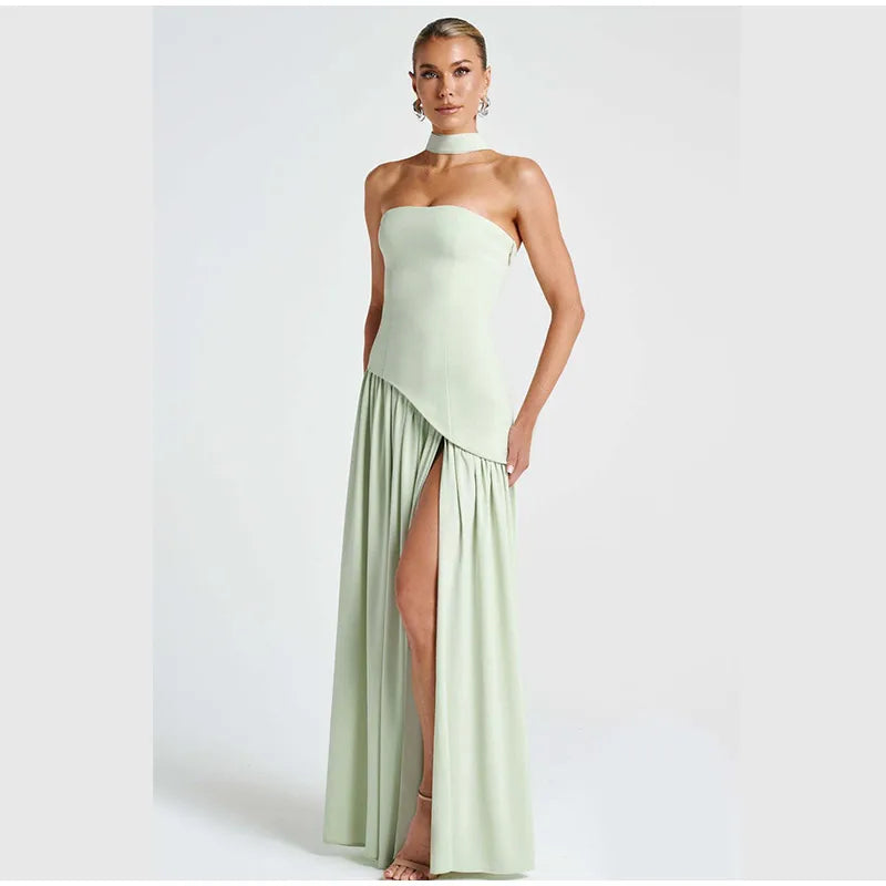 Butter Yellow Mesh Splicing Long Dress Elegant Strapless Split Backless Pleated Gowns For Women 2026 Lady Evening Party Gowns