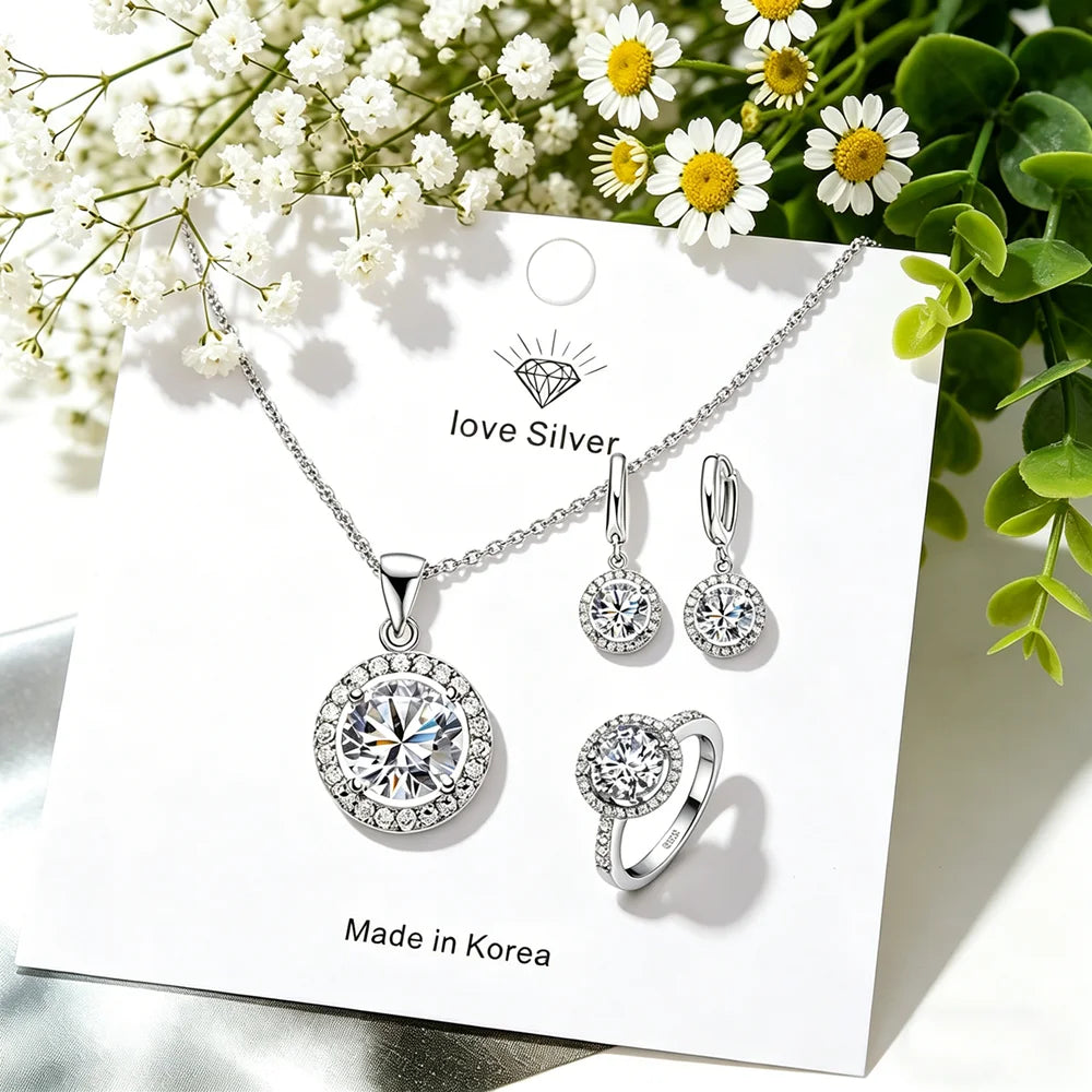 New Fashion Full Jewelry Sets For Women Lady Round Cubic Zircon 925 Sterling Silver Engagement Necklace Earrings Ring