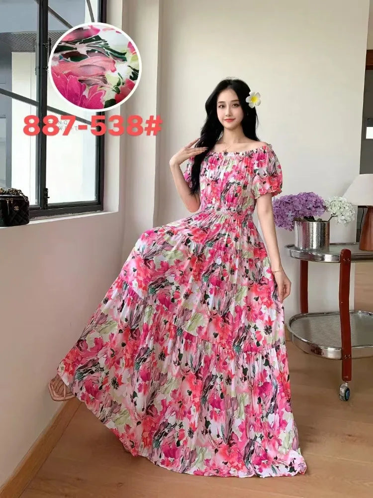 Long Maxi Dress Women Clothing Spring Summer Bohemian Holiday Beach Korean Style Floral Vintage Slim Vestidos Robe Dresses Boho