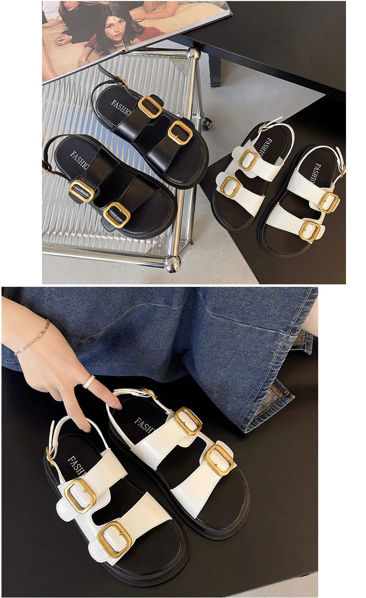Gladiator Platform Sandals, 2025 Summer Metal Buckle Flat Sandals
