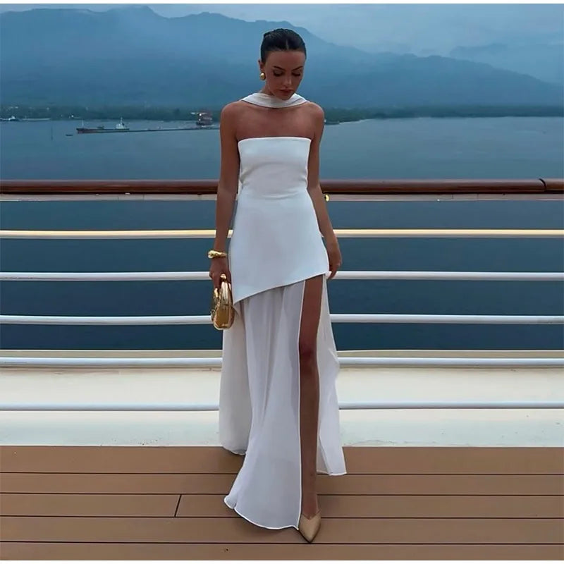 Butter Yellow Mesh Splicing Long Dress Elegant Strapless Split Backless Pleated Gowns For Women 2026 Lady Evening Party Gowns