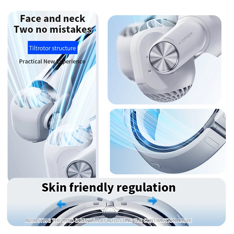 USB Rechargeable Rotor Neck Hanging Portable Fan Adjustable Bladeless Turbo Cooling for Dorm Home Outdoor Use