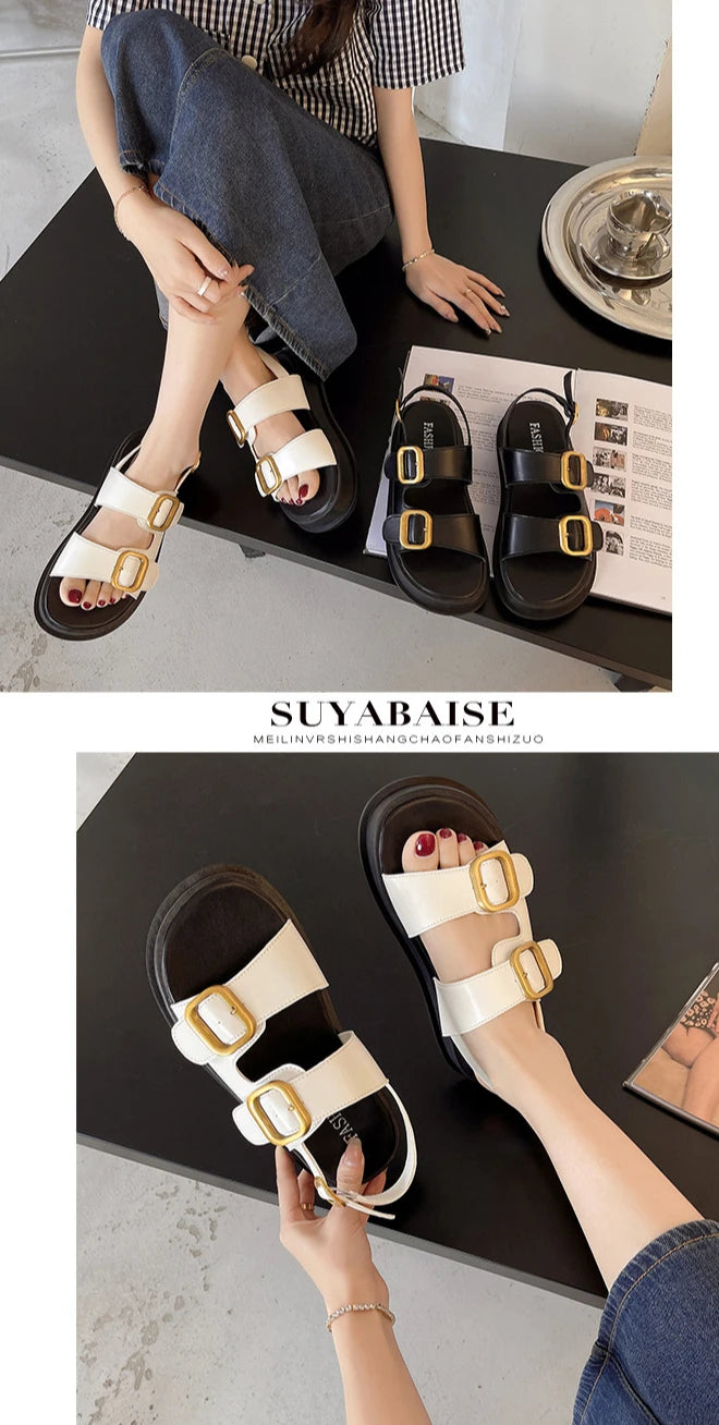 Gladiator Platform Sandals, 2025 Summer Metal Buckle Flat Sandals