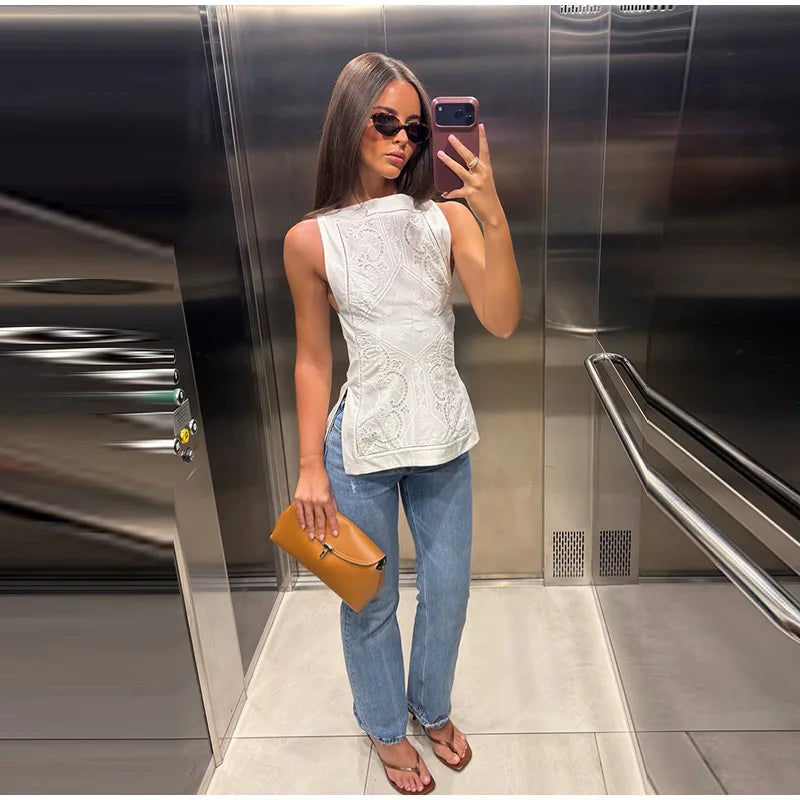 Women's Embroidery Vest Top Vintage Hollow Out Crew Neck Sleeveless Side Split Tank Summer Party Club Daily Matching Streetwear