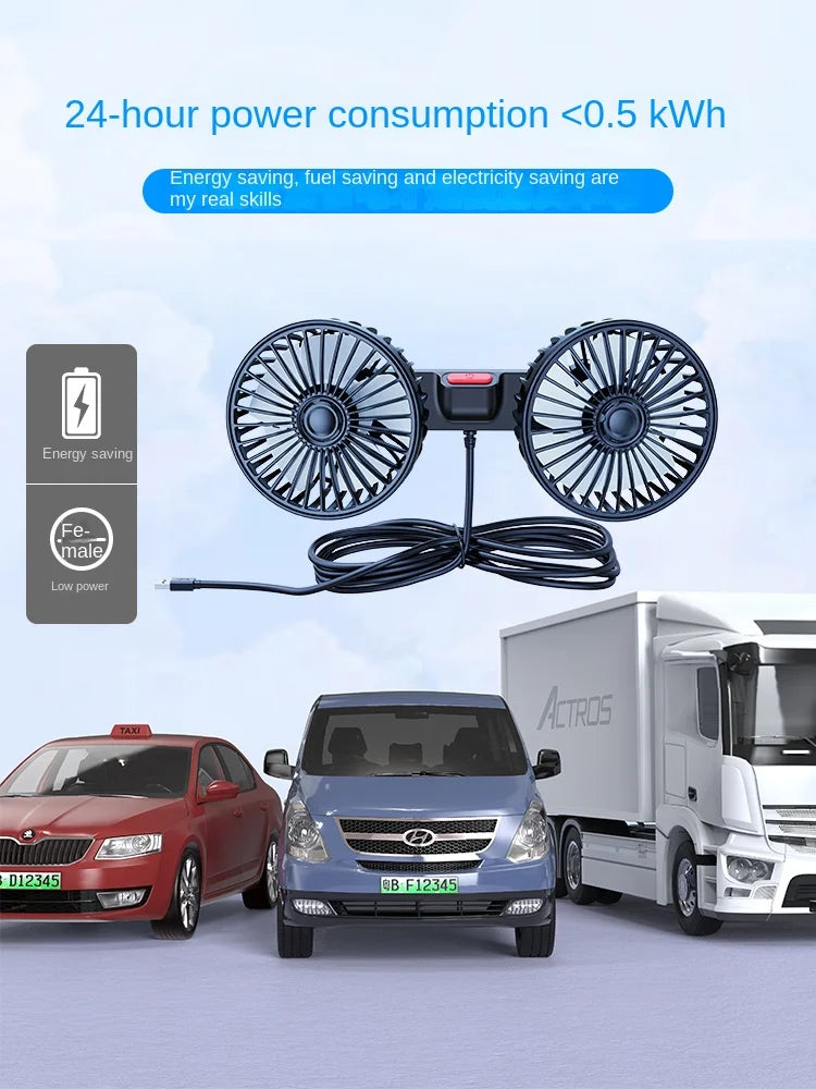 Car mounted rear electric fan with USB interface for car use, 12V 24V, large truck interior, rear seats, silent and powerful