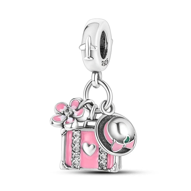 2025 Hot Sale Pink zircon aircraft passport cross Charm Beads Fit 925 Sterling Silver Original women Bracelet DIY Jewelry Gift