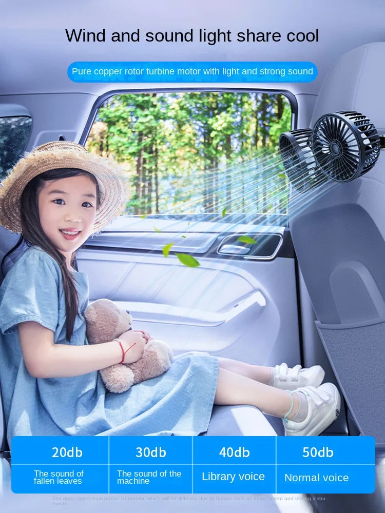 Car mounted rear electric fan with USB interface for car use, 12V 24V, large truck interior, rear seats, silent and powerful