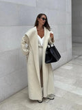 Navy Collar Lace Up Woolen Long Coat Women Elegant V-neck Full Sleeves Pockets Loose Overcoat 2026 Spring Lady Daily Street Wear