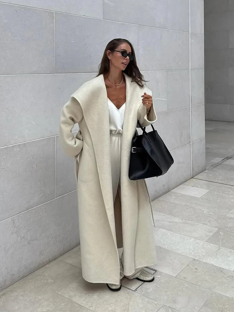 Navy Collar Lace Up Woolen Long Coat Women Elegant V-neck Full Sleeves Pockets Loose Overcoat 2026 Spring Lady Daily Street Wear