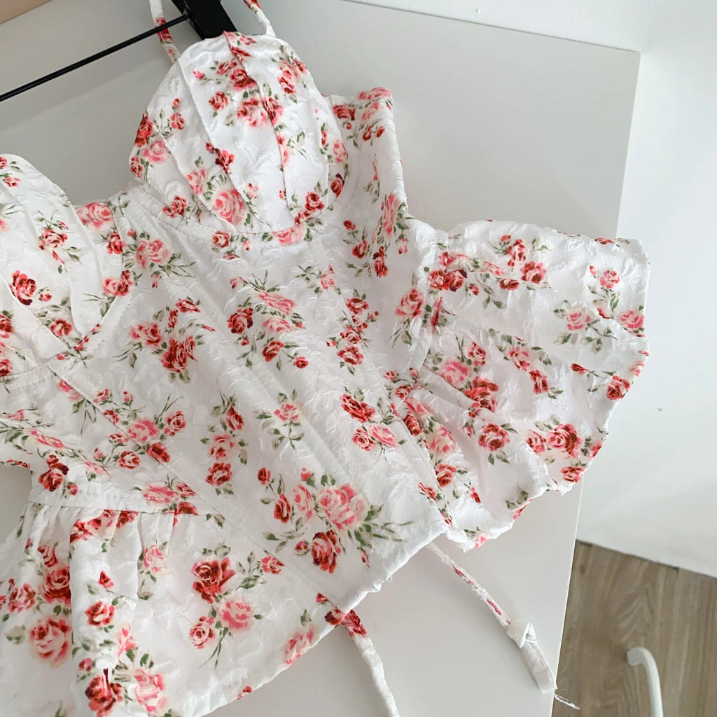Sexy Slim  Corset ruffle print Chic Korean Camis Tank Top Basic Fashion Off Shoulder Summer Women Clothing