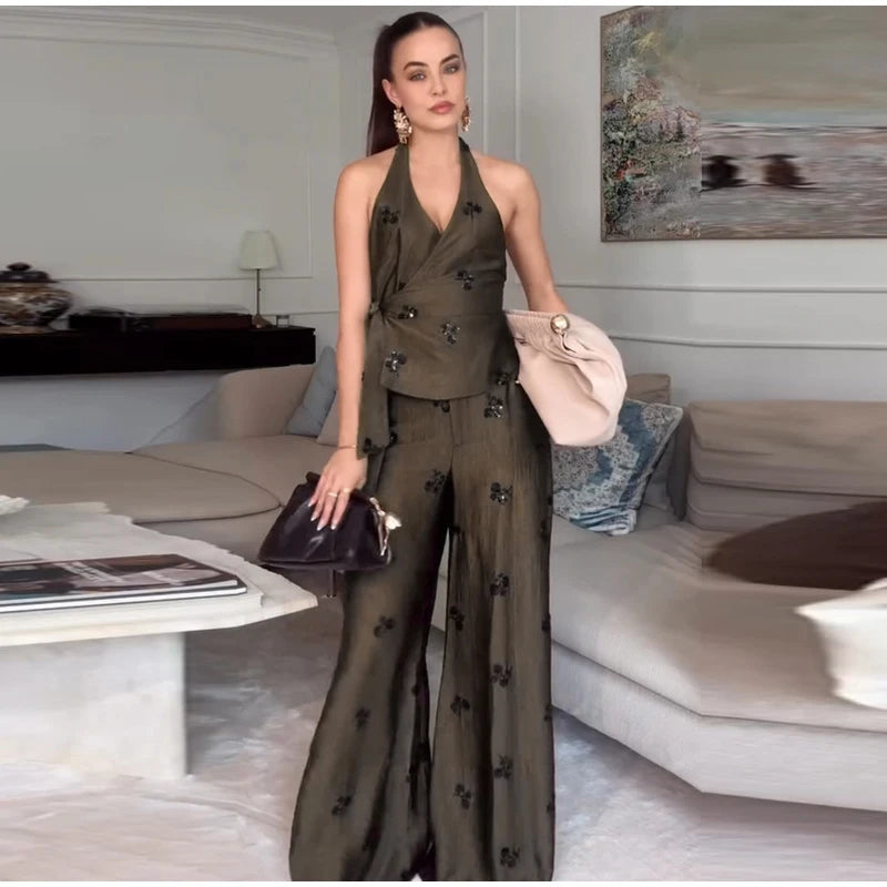 Sequins Women's Pant Sets Sexy Halter Neck Wrap Top Wide Leg Pants Two Piece Set Female 2026 Summer Woman New Vacation Outfit