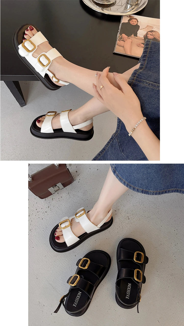 Gladiator Platform Sandals, 2025 Summer Metal Buckle Flat Sandals