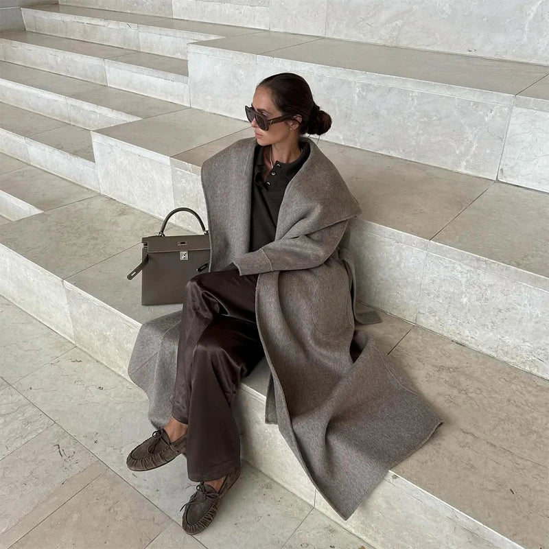 Navy Collar Lace Up Woolen Long Coat Women Elegant V-neck Full Sleeves Pockets Loose Overcoat 2026 Spring Lady Daily Street Wear