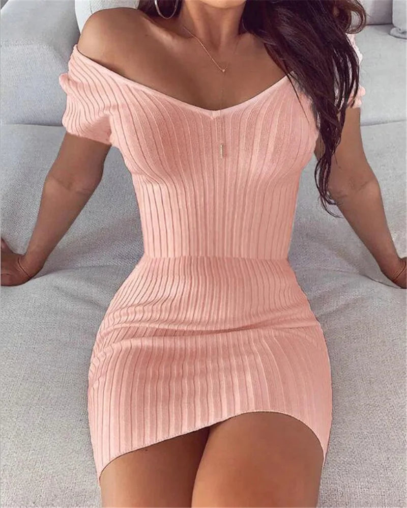 Women Summer Dress 2025 New Sexy Elegant Solid V-neck form-fitting Vertical Striped long-sleeved Dress Vestidoes Cheap Clothing