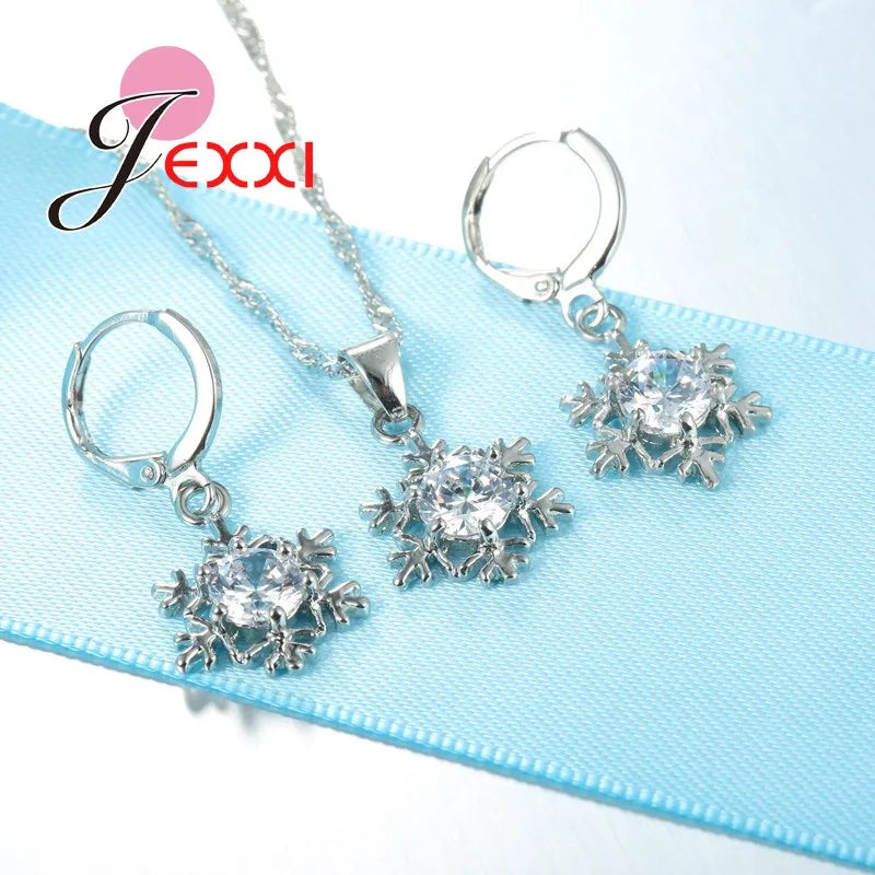 Luxury Women Wedding Bridal Jewellery Set Genuine 925 Sterling Silver Snow Shape Zircon Crystal Necklace Earrings Jewelry Sets