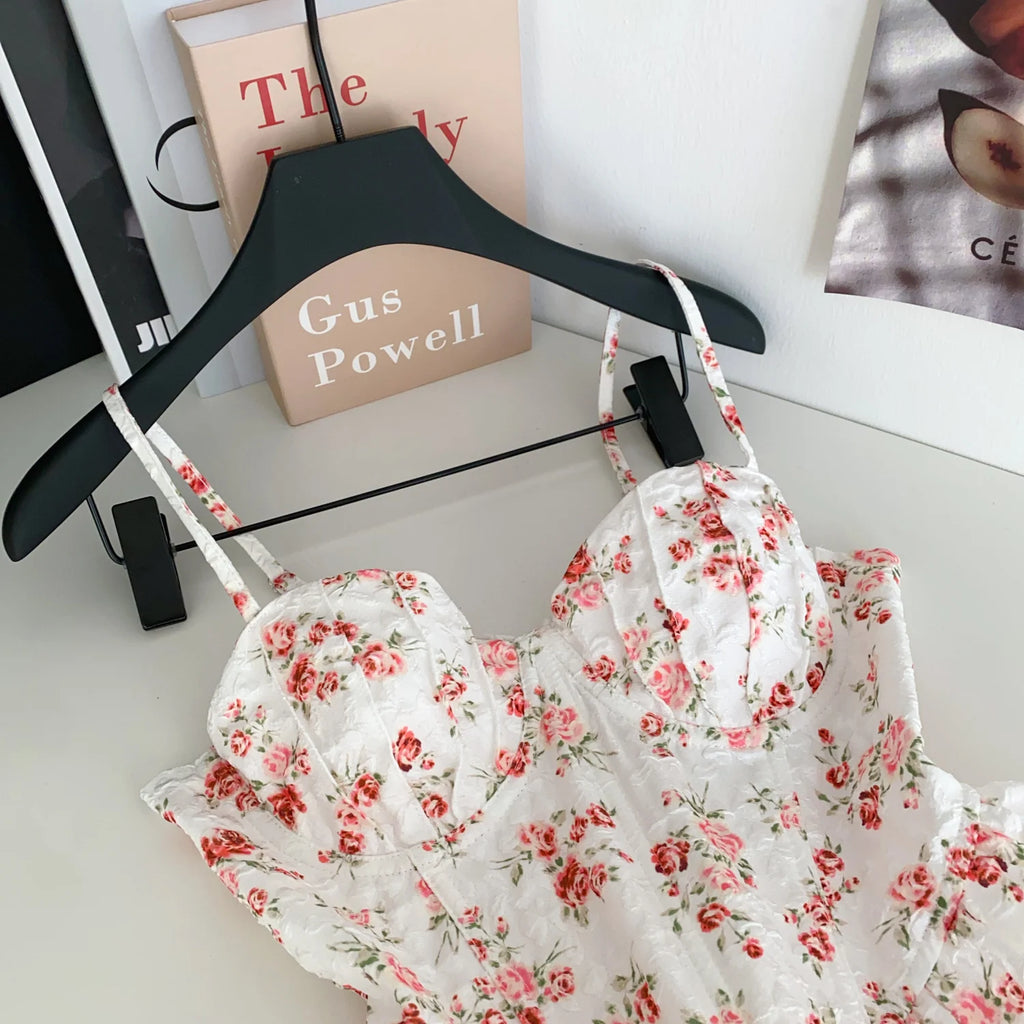 Sexy Slim  Corset ruffle print Chic Korean Camis Tank Top Basic Fashion Off Shoulder Summer Women Clothing