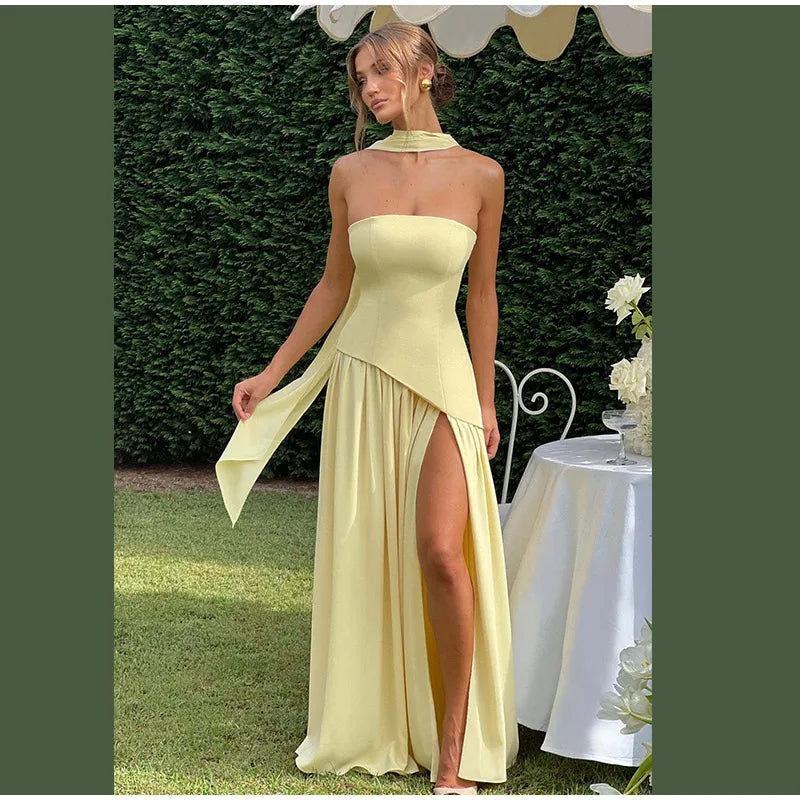 Butter Yellow Mesh Splicing Long Dress Elegant Strapless Split Backless Pleated Gowns For Women 2026 Lady Evening Party Gowns