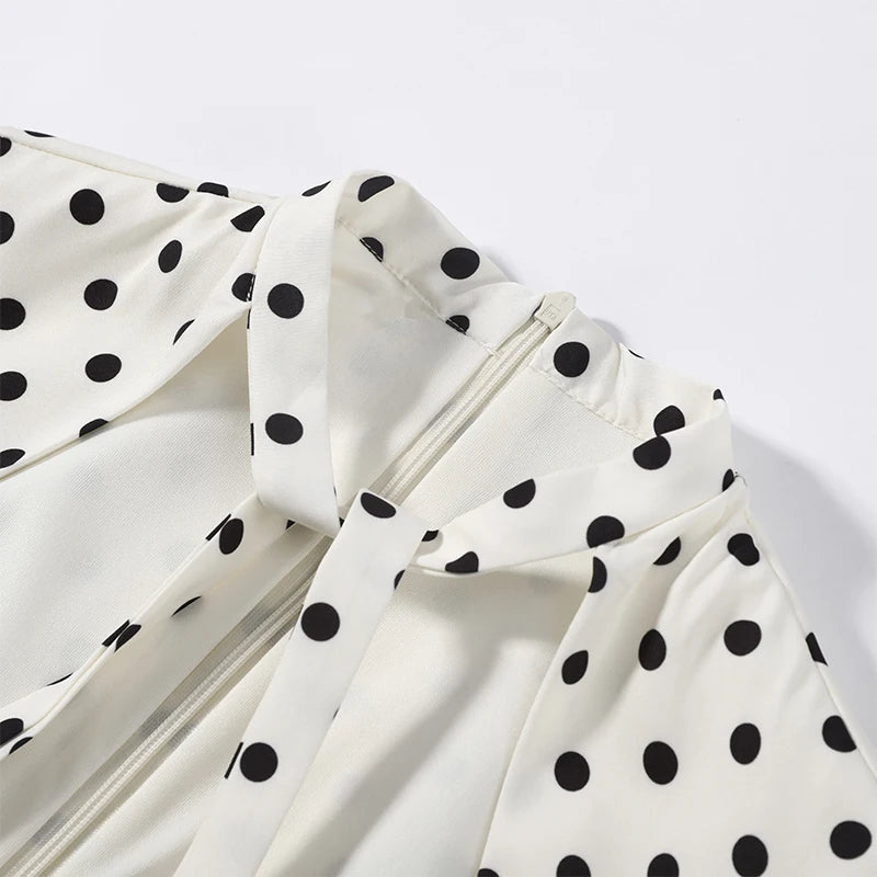 Fashion Polka Dot Mini Dress For Women Elegant Bow Tie Neck Short Sleeve Waist Slim Dress Lady 2026 Spring Summer Chic Vestidos
