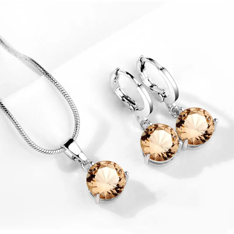 Classic Wedding Jewelry Set For Women Multicolor Zircon Silver Color Earrings Necklace Fashion Gift Jewellery