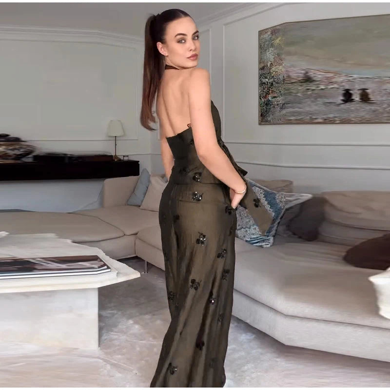 Sequins Women's Pant Sets Sexy Halter Neck Wrap Top Wide Leg Pants Two Piece Set Female 2026 Summer Woman New Vacation Outfit