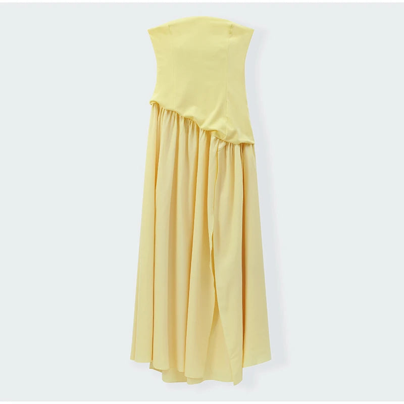 Butter Yellow Mesh Splicing Long Dress Elegant Strapless Split Backless Pleated Gowns For Women 2026 Lady Evening Party Gowns