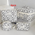 4pcs Retro Black White Floral Cosmetic Bag Large Capacity Portable Travel Toiletry Storage Bag