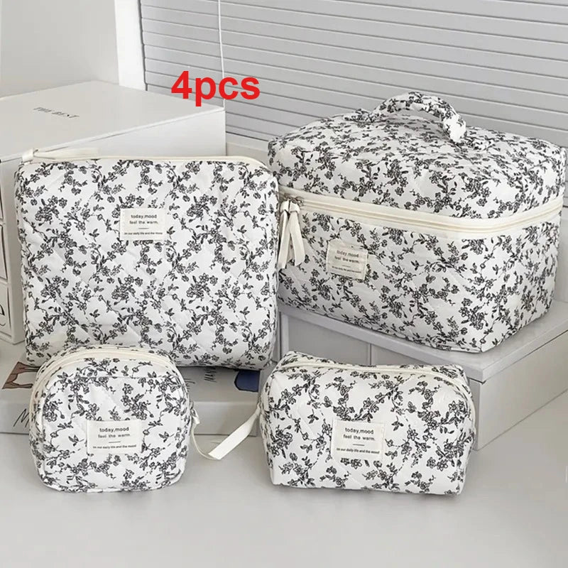 4pcs Retro Black White Floral Cosmetic Bag Large Capacity Portable Travel Toiletry Storage Bag